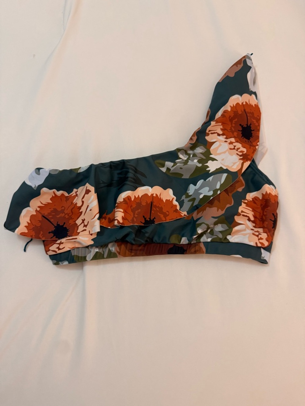 One-Shoulder Floral Ruffle Crop Top in Teal and Orange